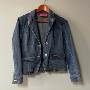 Womens Size S Carol’s Denims Jean Jacket 100% cotton Fun pattern on the back Gre